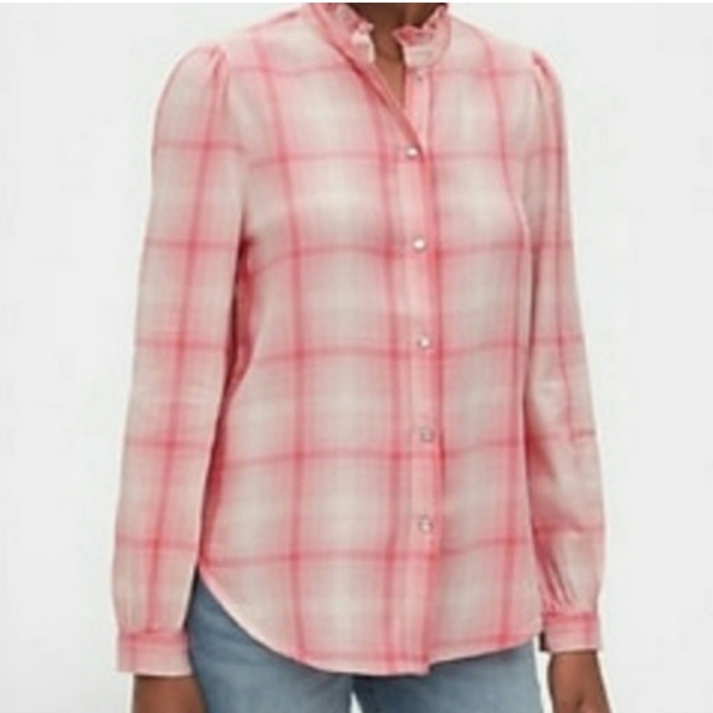 GAP Plaid Ruffle Pearl Snap Long-Sleeve Flannel Prairie Cottage Holiday Sz S